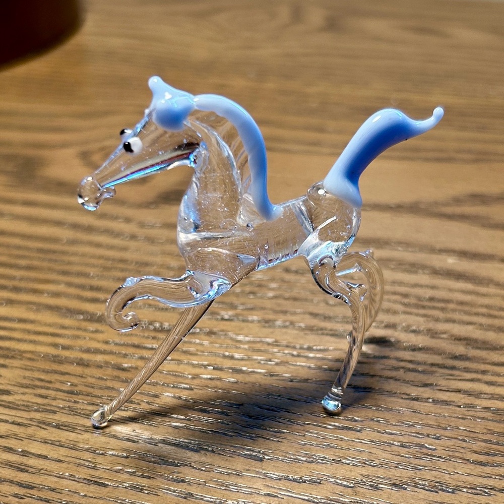 Vintage Glass Horse Figurine Clear Blue Tail Hand Blown Mid Century 1970s